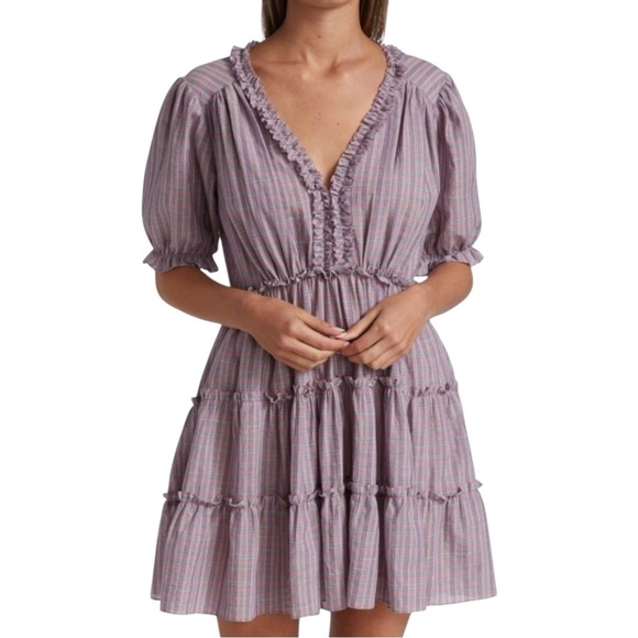 Cinq A Sept Tish Plaid Mini Dress Women's 0 Purple‎ Tiered Ruffle Puff Sleeve - Picture 1 of 9